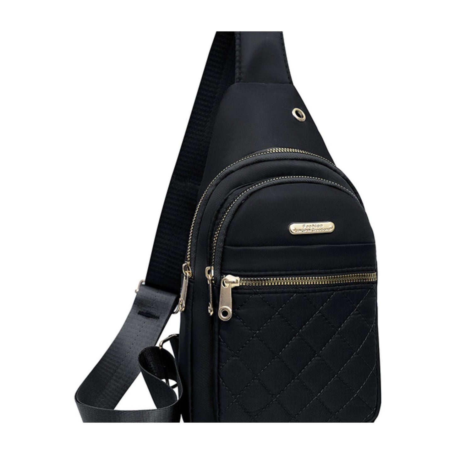 Small Quilted Crossbody Sling Backpack With Multi-Pockets & Headphone Port - Black