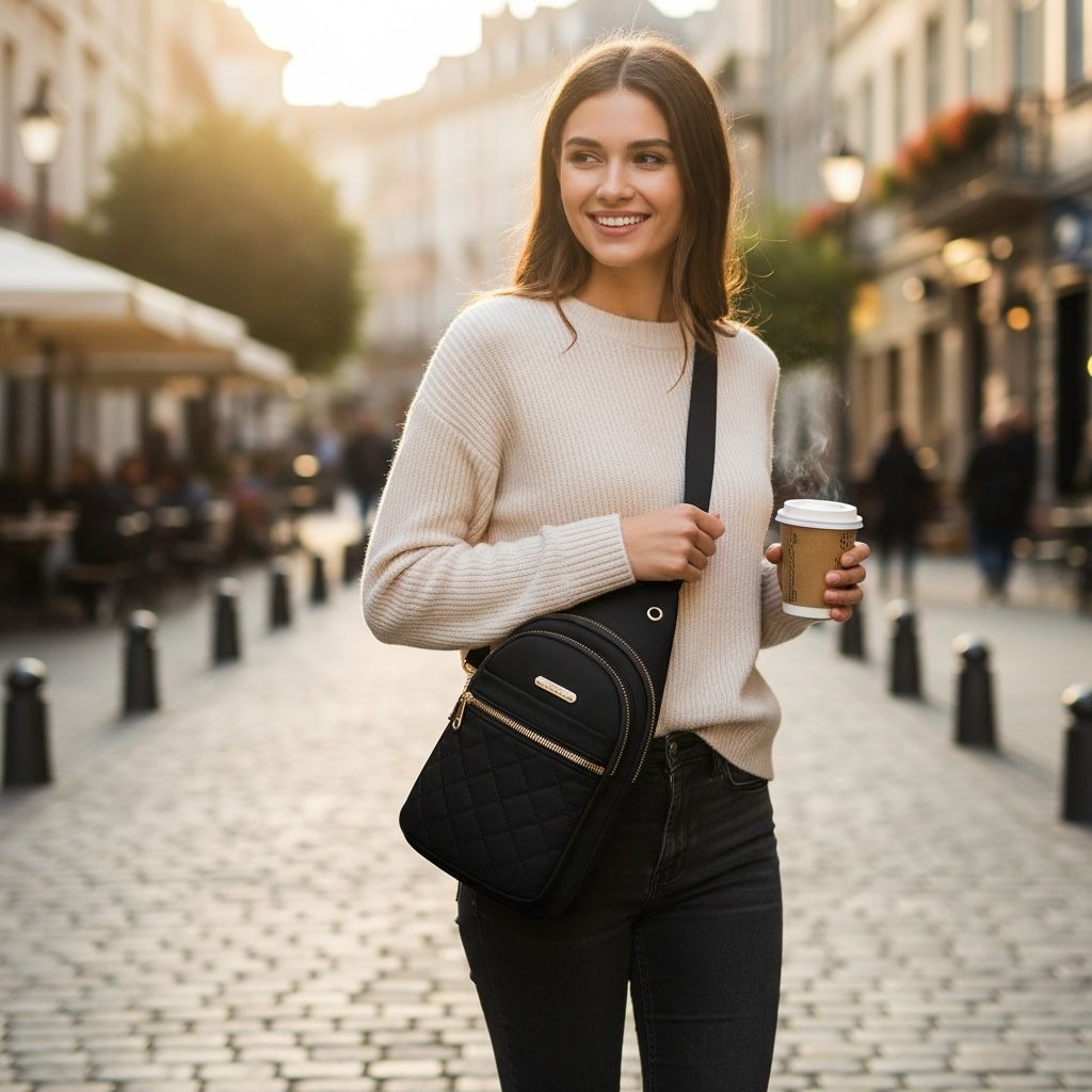 Small Quilted Crossbody Sling Backpack With Multi-Pockets & Headphone Port - Black