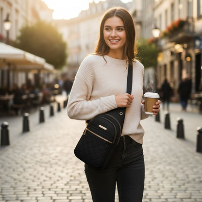 Small Quilted Crossbody Sling Backpack With Multi-Pockets & Headphone Port - Black