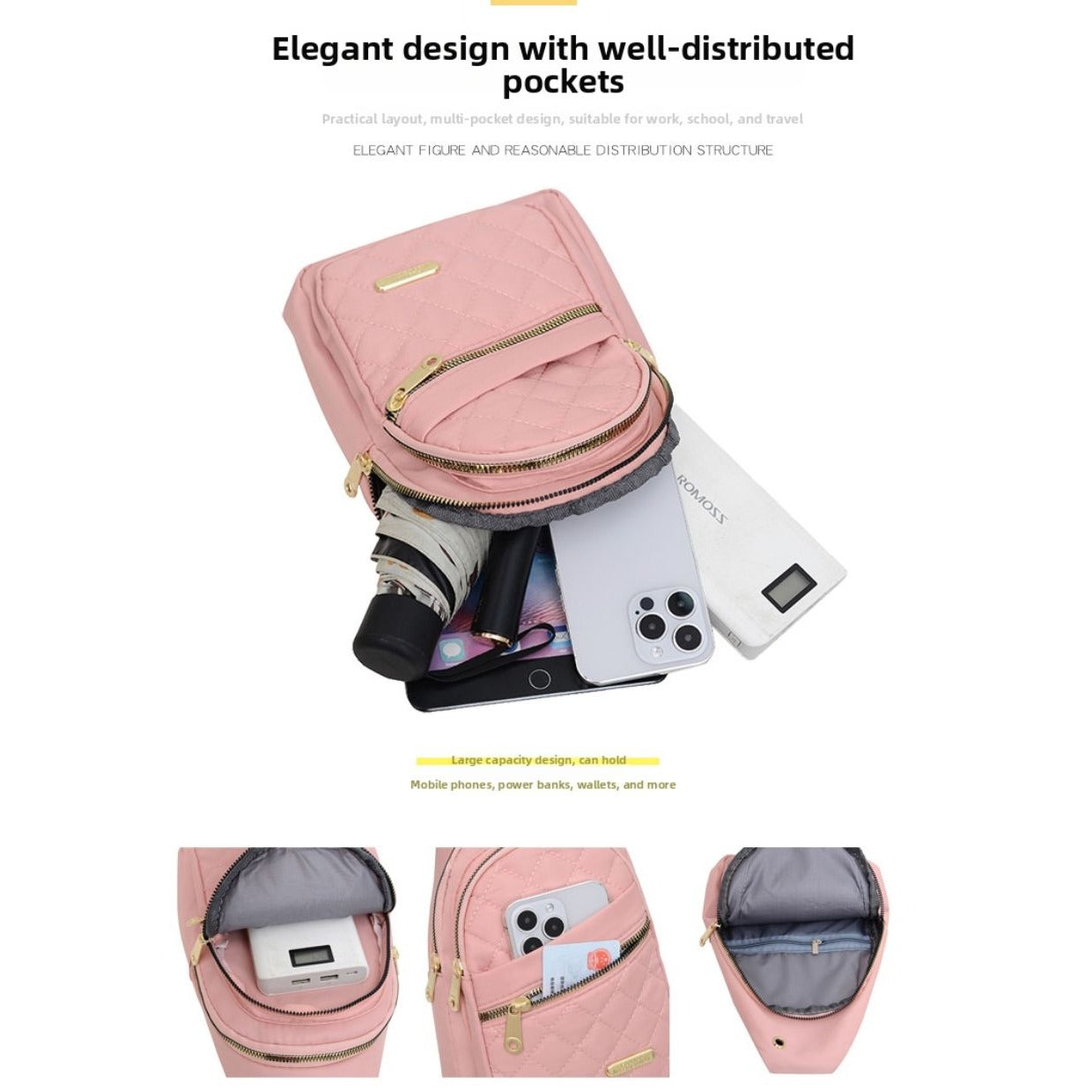 Small Quilted Crossbody Sling Backpack With Multi-Pockets & Headphone Port - Black