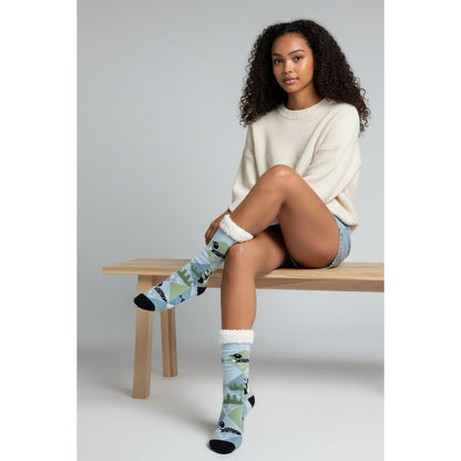 Cozy Moments Sherpa-Lined Socks Loon Pattern Non-Slip One Size Fits Most Soft Warm & Comfortable Blue/Green/White
