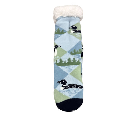 Cozy Moments Sherpa-Lined Socks Loon Pattern Non-Slip One Size Fits Most Soft Warm & Comfortable Blue/Green/White