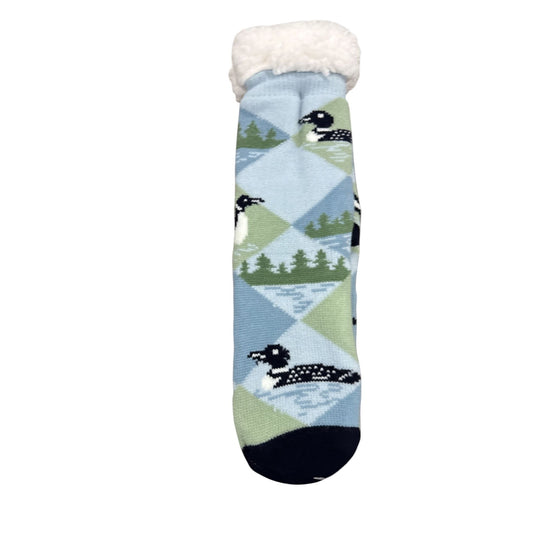 Cozy Moments Sherpa-Lined Socks Loon Pattern Non-Slip One Size Fits Most Soft Warm & Comfortable Blue/Green/White