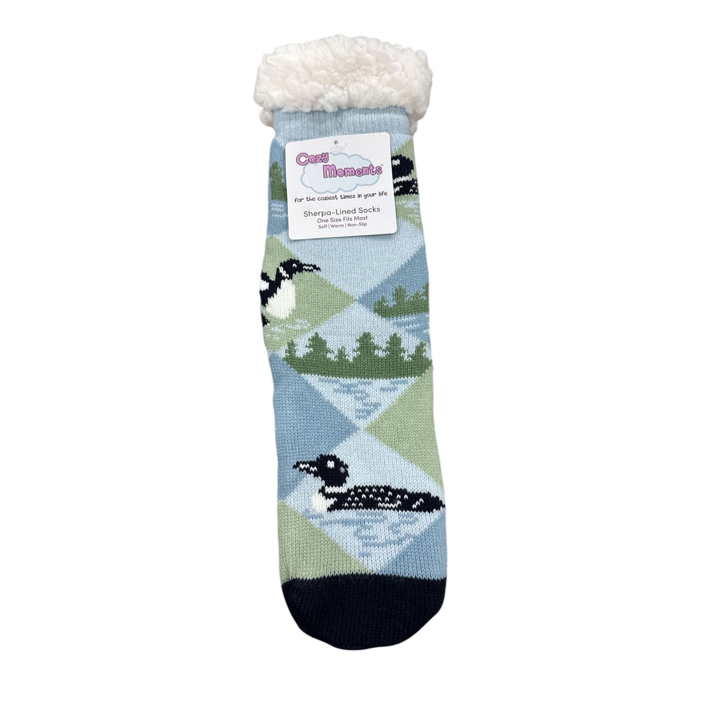 Cozy Moments Sherpa-Lined Socks Loon Pattern Non-Slip One Size Fits Most Soft Warm & Comfortable Blue/Green/White