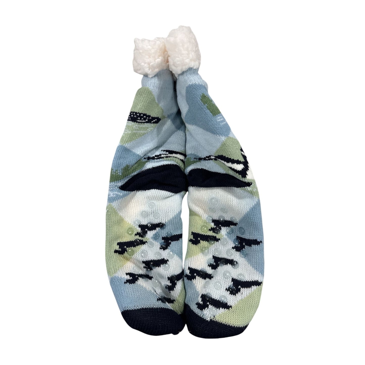 Cozy Moments Sherpa-Lined Socks Loon Pattern Non-Slip One Size Fits Most Soft Warm & Comfortable Blue/Green/White