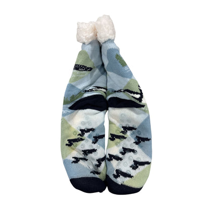 Cozy Moments Sherpa-Lined Socks Loon Pattern Non-Slip One Size Fits Most Soft Warm & Comfortable Blue/Green/White