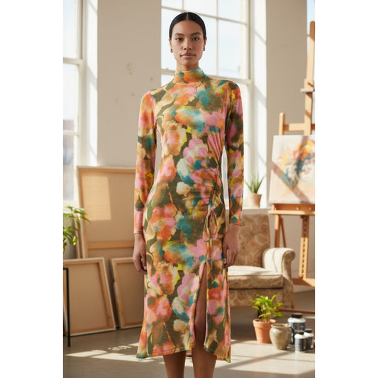 Rails Watercolor Floral Print Long-Sleeve Midi Dress With Ruched Detail & Side Slit Size M Multicolor
