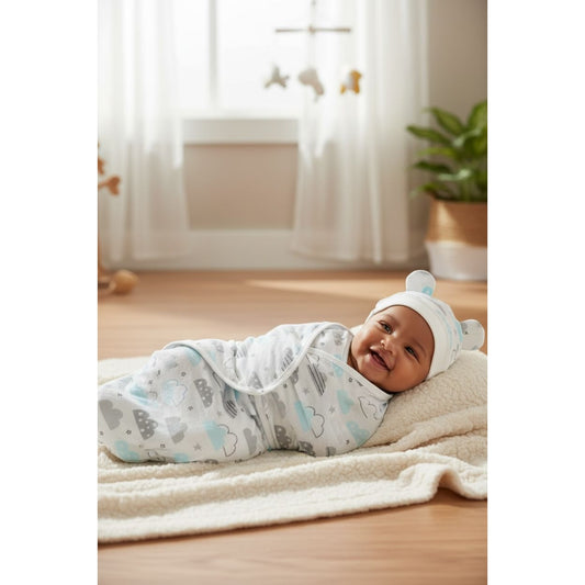Baby Colorful Cloud Swaddle Blanket & Hat Set With Cloud Print And Ear Details Newborn Size