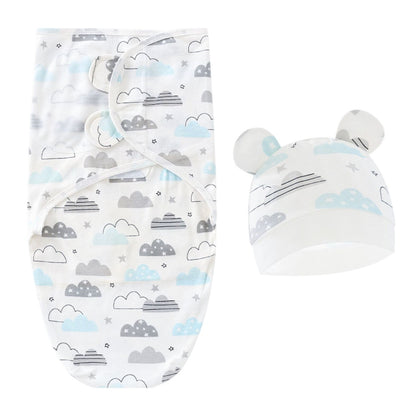 Baby Colorful Cloud Swaddle Blanket & Hat Set With Cloud Print And Ear Details Newborn Size