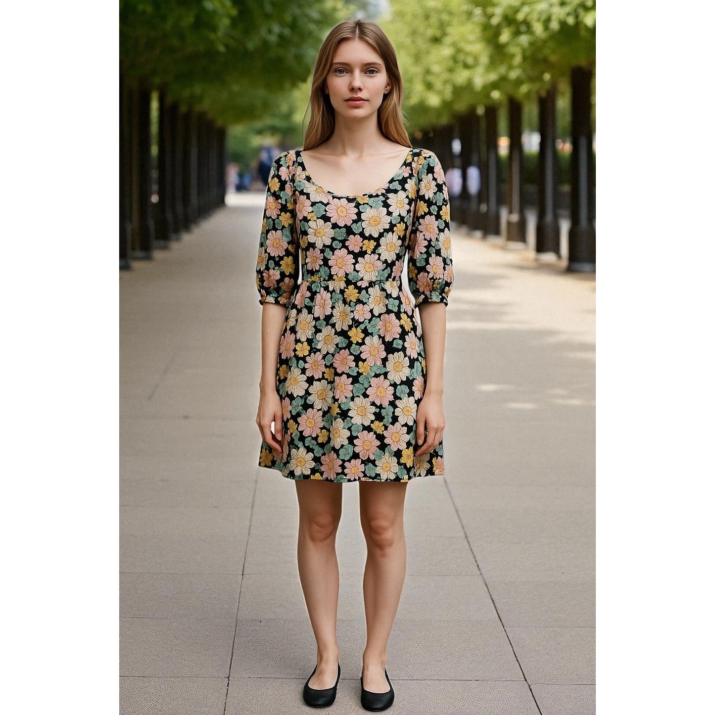 Velvet Torch Black & Pink Floral Puff Sleeve Mini Dress Large
