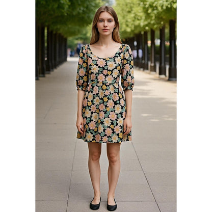 Velvet Torch Black & Pink Floral Puff Sleeve Mini Dress Large