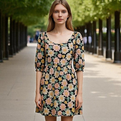 Velvet Torch Black & Pink Floral Puff Sleeve Mini Dress Large