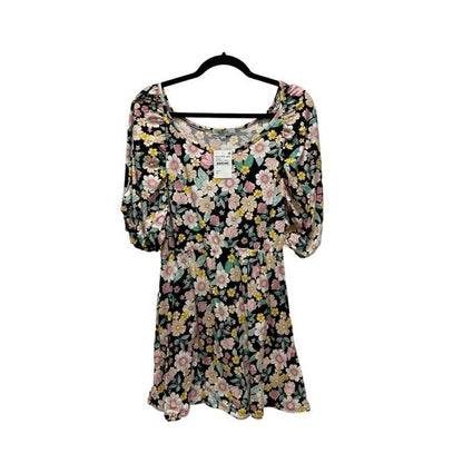 Velvet Torch Black & Pink Floral Puff Sleeve Mini Dress Large
