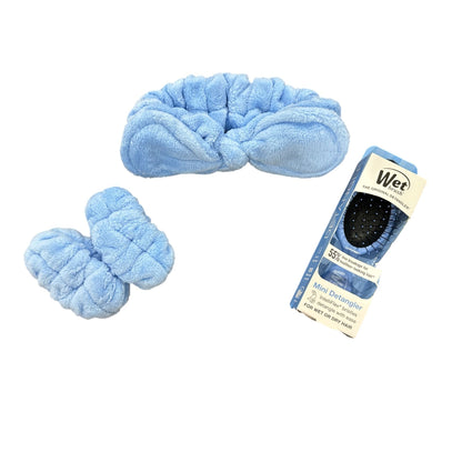 Wet Brush Mini Detangler & Gnarly Charley Skincare Headband With Wristbands Set Blue For Hair Care & Skincare Routines