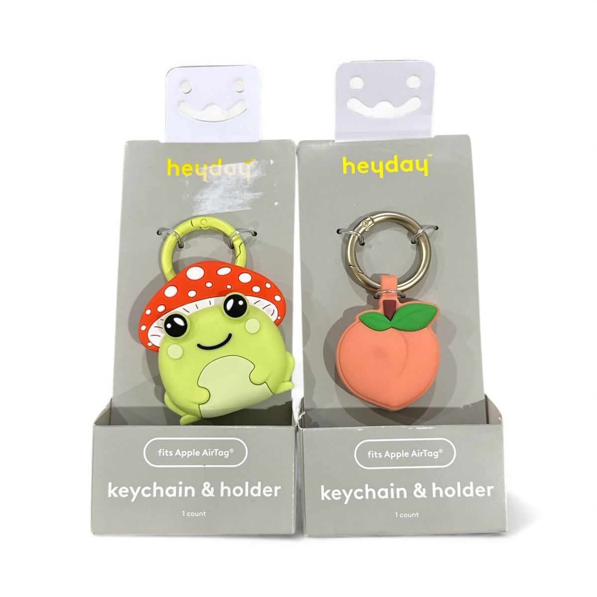 Heyday Frog & Peach AirTag Keychain Holders 2-Pack Silicone With Carabiner Clips Fits Apple AirTag