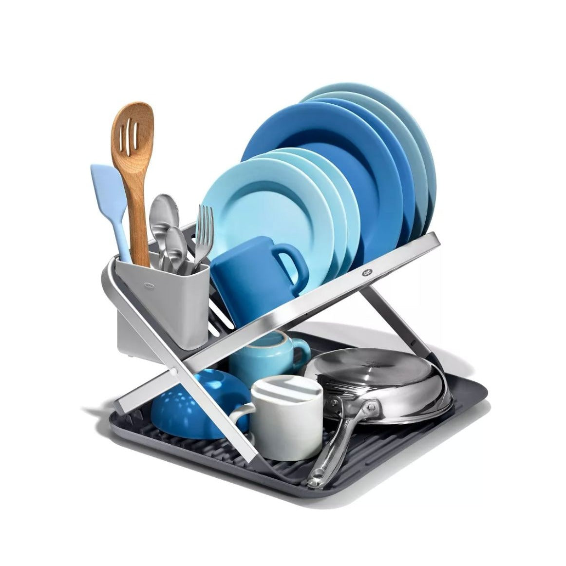 OXO SoftWorks Aluminum Fold Flat Dish Rack With Drain Board - Rust-Proof Space-Saving Design And Non-Slip Feet For Stable Drying