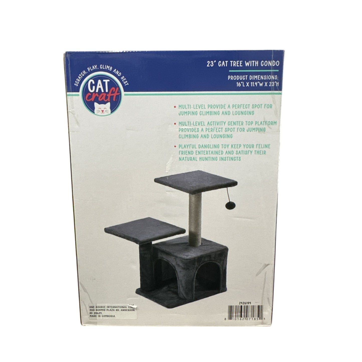 Cat Craft 23" Cat Tree With Condo Multi-Level Activity Center For Climbing Lounging & Play 16" L x 11.4" W x 23" H