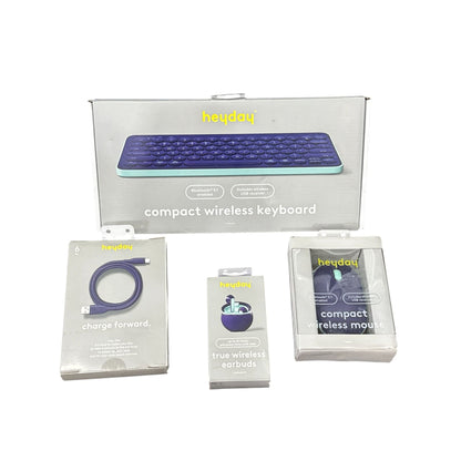 Heyday Compact Wireless Keyboard, Mouse, True Wireless Earbuds & Charging Cable Set Bluetooth 5.1 Purple & Mint