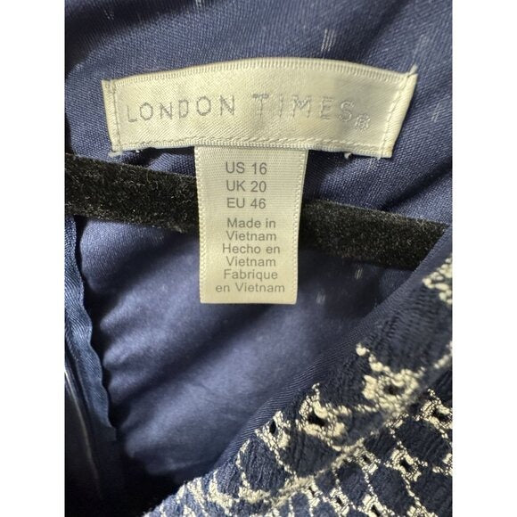 London Times Navy & White Sleeveless Wrap Midi Dress Size 16 US