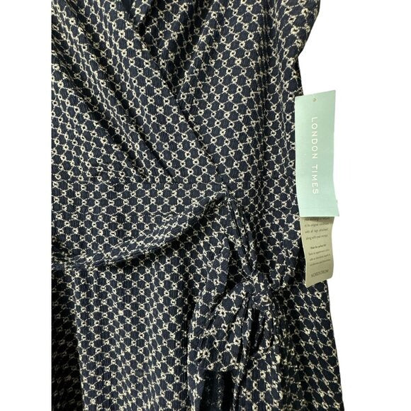 London Times Navy & White Sleeveless Wrap Midi Dress Size 16 US
