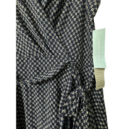 London Times Navy & White Sleeveless Wrap Midi Dress Size 16 US