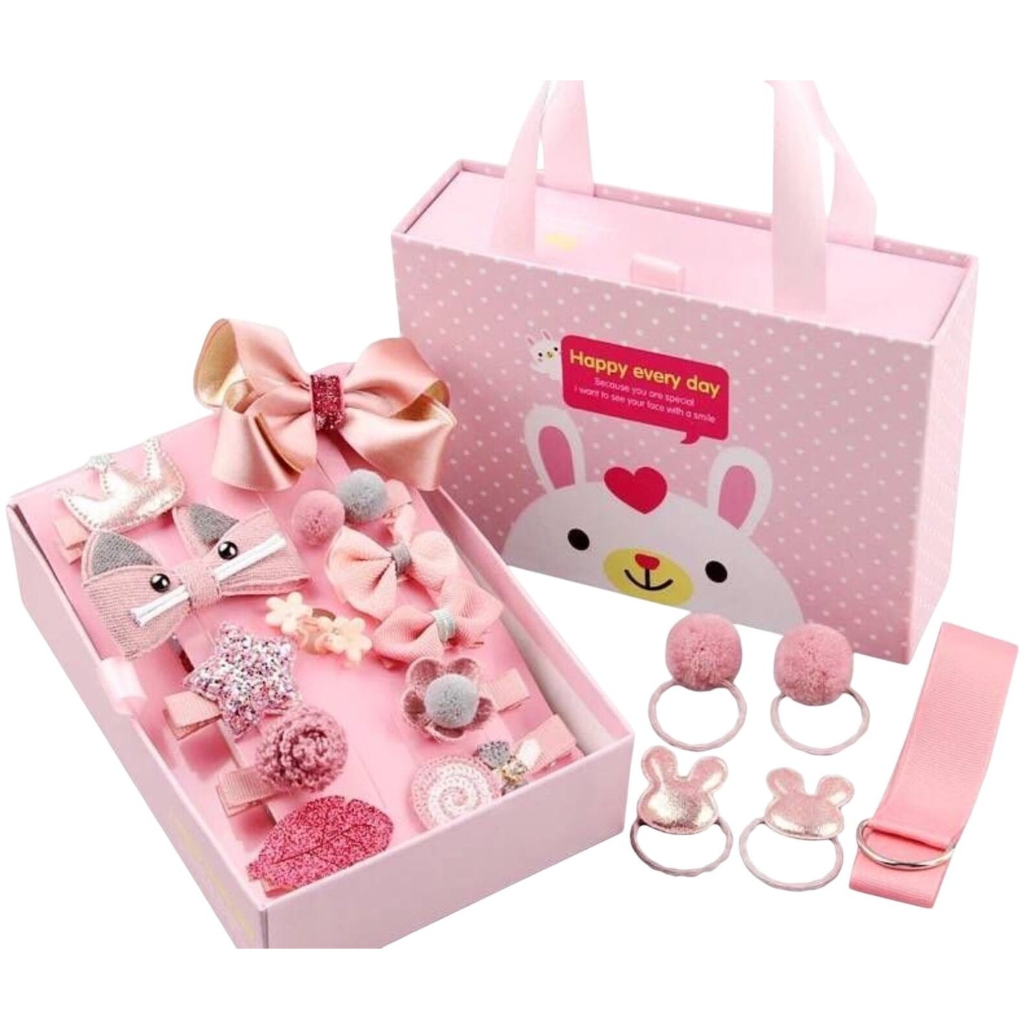 Girls Hair Accessories Baby Korean Princess Gift Set With Bunny Box - 18 Pcs Clips Ties & Ribbon Pink Cute Designs