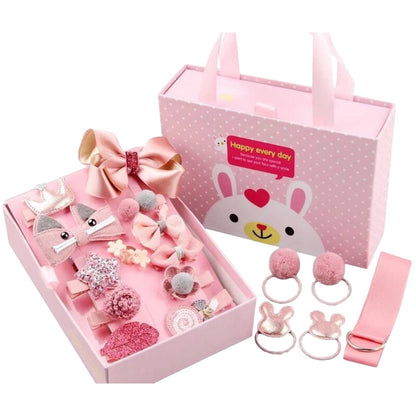 Girls Hair Accessories Baby Korean Princess Gift Set With Bunny Box - 18 Pcs Clips Ties & Ribbon Pink Cute Designs