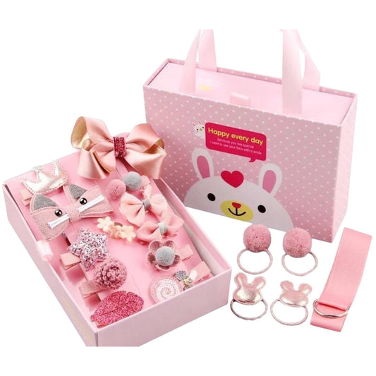 Girls Hair Accessories Baby Korean Princess Gift Set With Bunny Box - 18 Pcs Clips Ties & Ribbon Pink Cute Designs