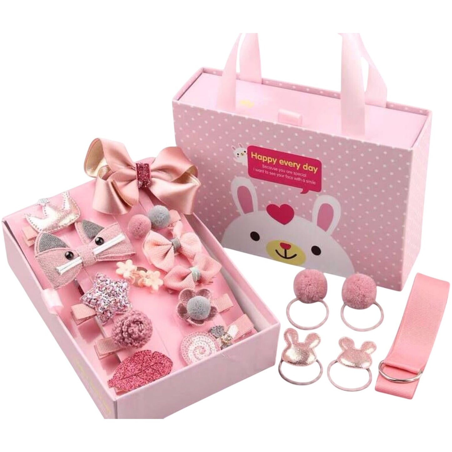 Girls Hair Accessories Baby Korean Princess Gift Set With Bunny Box - 18 Pcs Clips Ties & Ribbon Pink Cute Designs