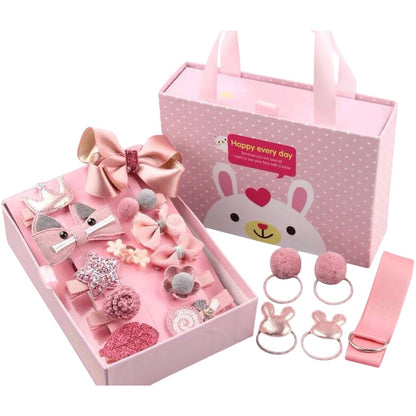 Girls Hair Accessories Baby Korean Princess Gift Set With Bunny Box - 18 Pcs Clips Ties & Ribbon Pink Cute Designs