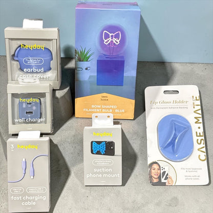 Tech Accessories Heyday Fast Charging Cable, Wall Charger, Earbud Case Cover, Suction Phone Mount, Bow Shaped Bulb & Lip Gloss Holder Bundle