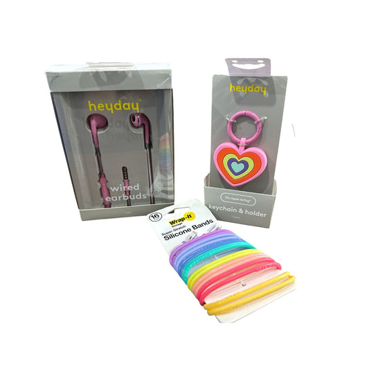 Heyday Wired Earbuds, Heart Keychain Holder & Wrap-It Silicone Bands Set