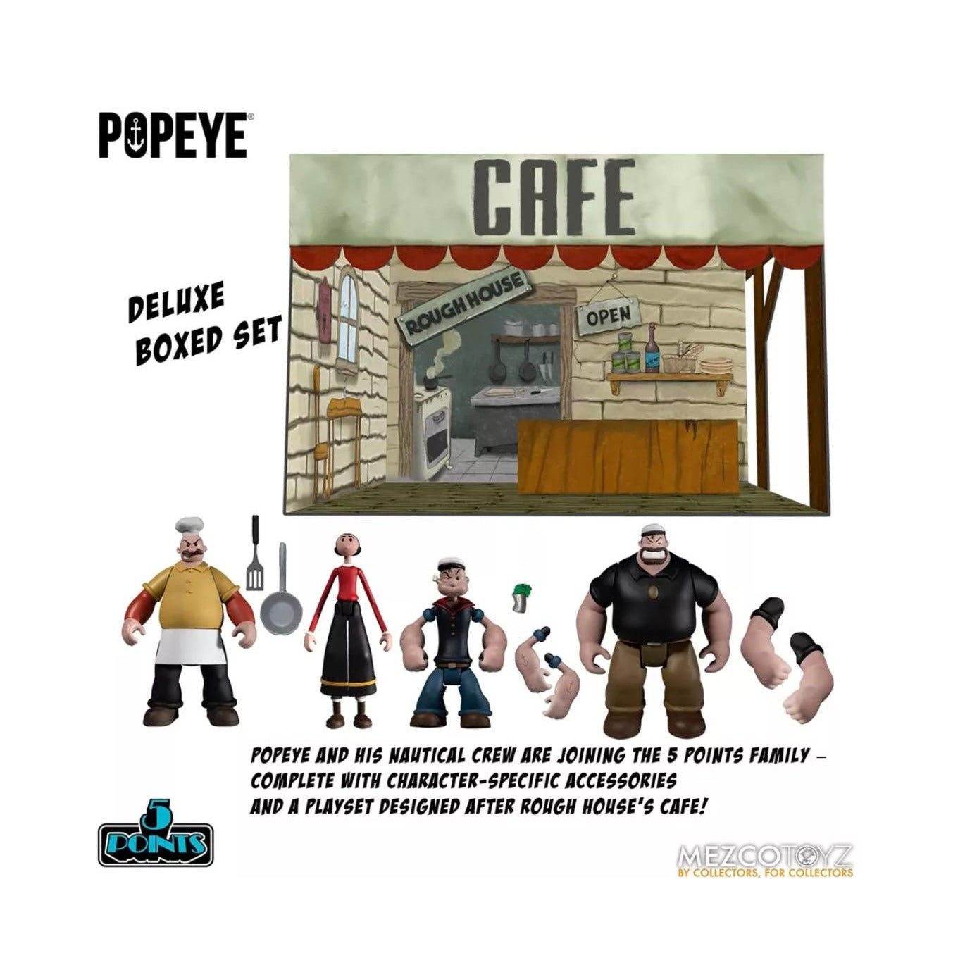 Popeye Deluxe Box Set By Mezco Toyz With Character Accessories & Rough House Cafe Playset