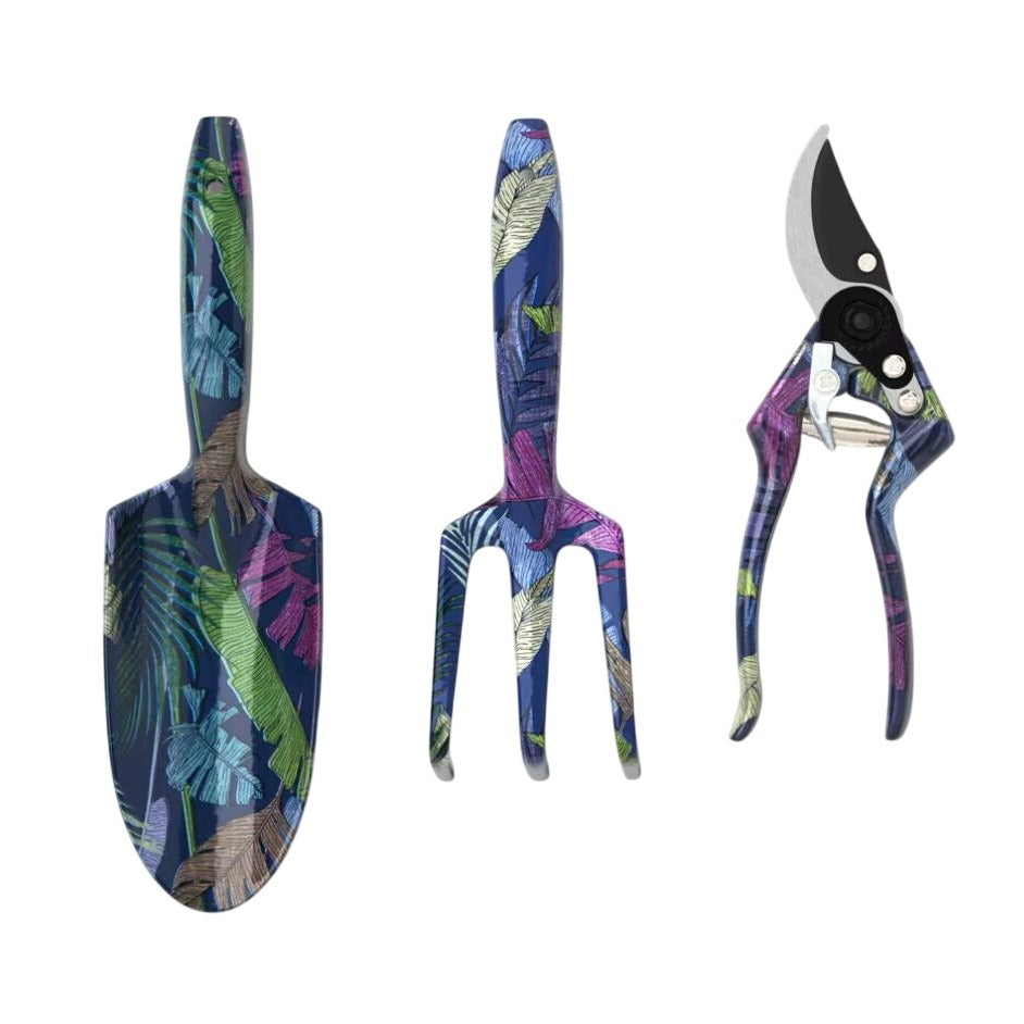 Threshold 3-Piece Garden Tool Set With Tropical Leaf Design: Trowel Cultivator Pruner - Aluminum Handles