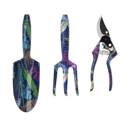 Threshold 3-Piece Garden Tool Set With Tropical Leaf Design: Trowel Cultivator Pruner - Aluminum Handles