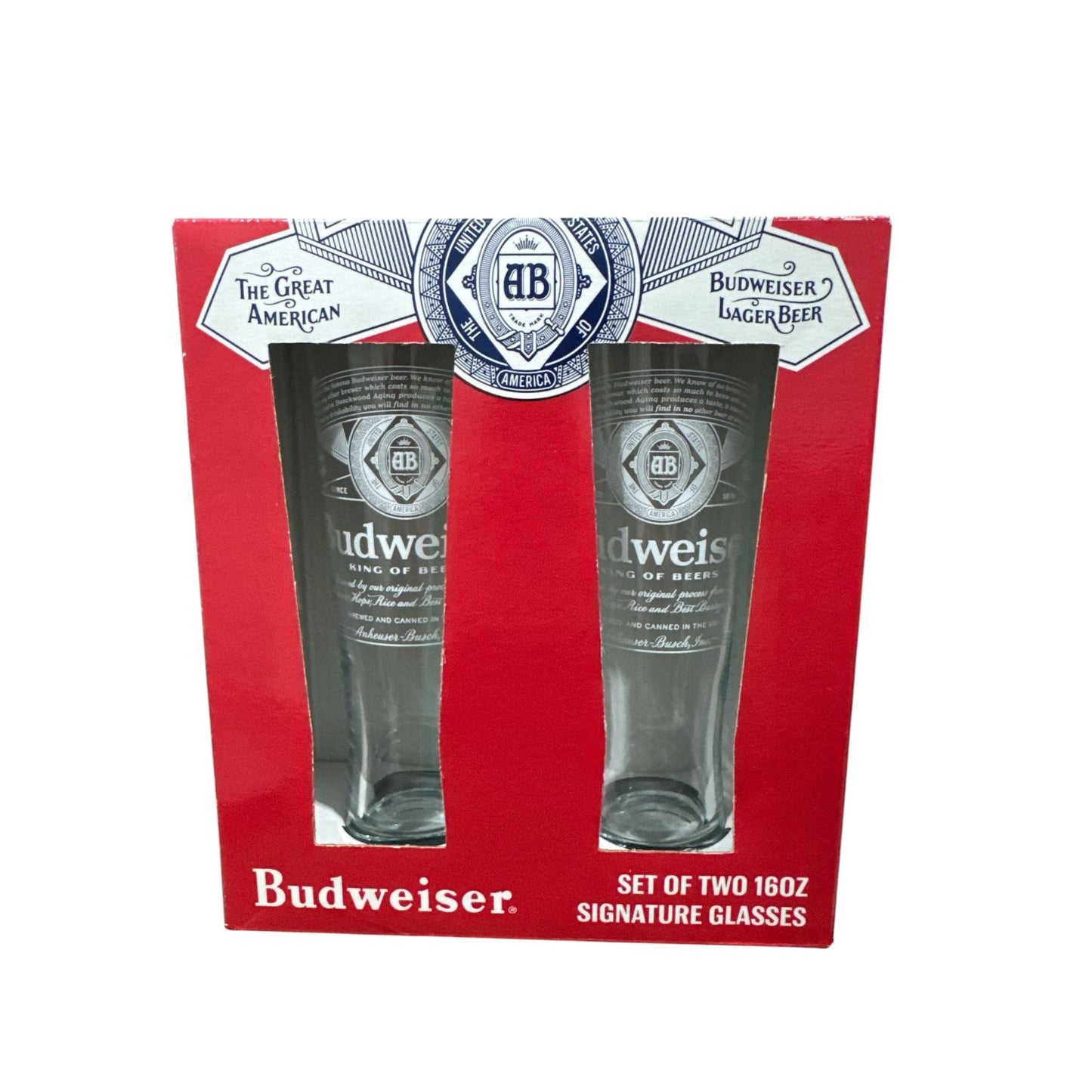 Budweiser Set Of Two 16oz Signature Glasses In Box For Beer Lovers & Collectors