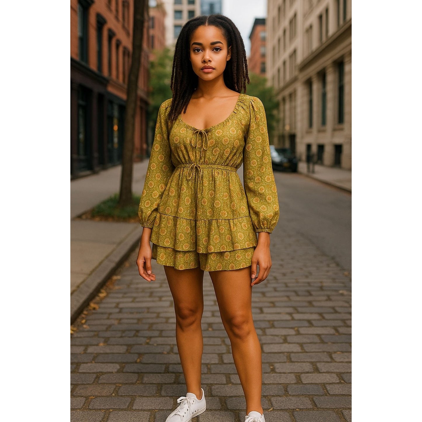LUSH Women's Tie Front Shorts Romper Green Floral SMALL