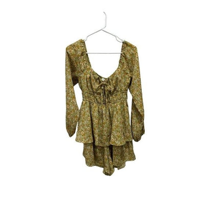 LUSH Women's Tie Front Shorts Romper Green Floral SMALL