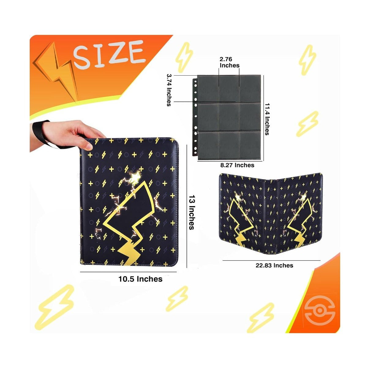 Ljexsvoy Card Binder 9-Pocket Double-Sided Holds 720 Cards With Zipper Black & Yellow Lightning Design