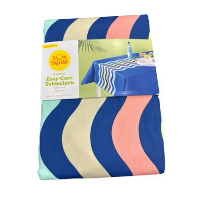 Sun Squad Easy-Care Oblong Tablecloth 60" X 84" Seats 6-8 Wipe-Clean Multicolor Wave Design