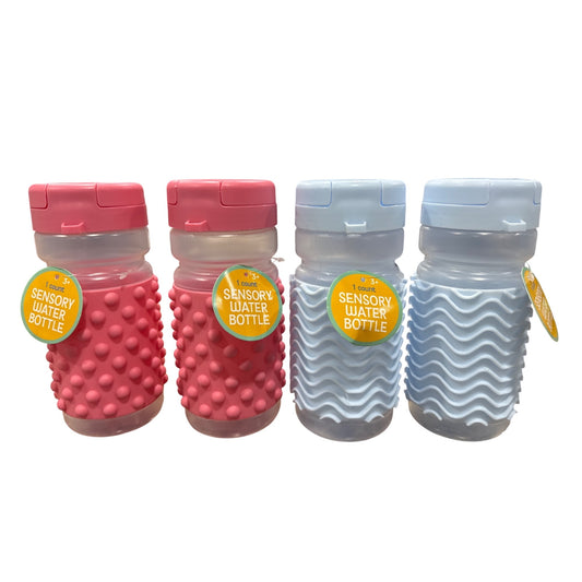 SET of 4 Sensory Water Bottle For Kids, BPA-Free 20.97 oz, Pink & Blue Textured Grip, Flip-Top Lid, Horizon Group USA