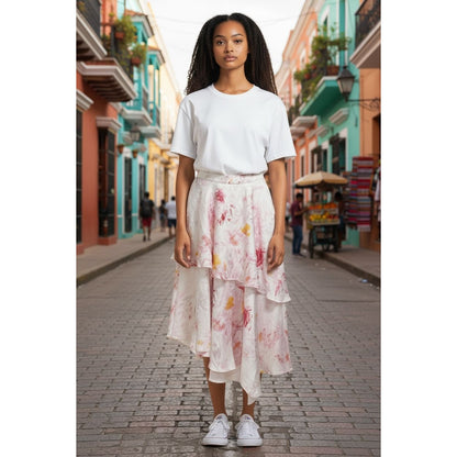 BCBGMaxAzria Abstract Floral Ruffled Midi Skirt White/Pink/Yellow Size M MSRP $298
