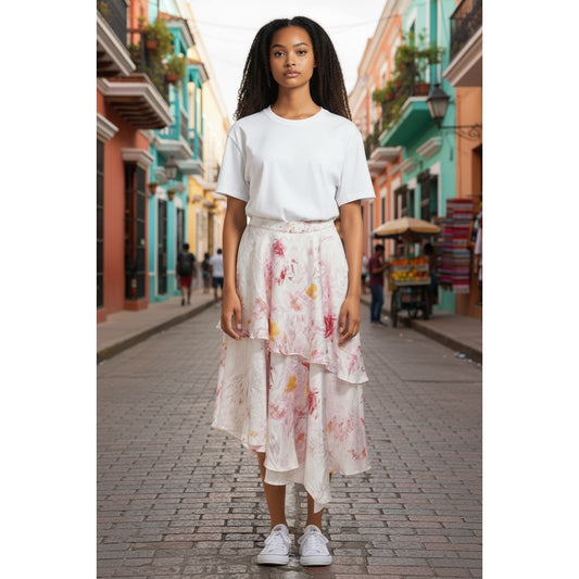 BCBGMaxAzria Abstract Floral Ruffled Midi Skirt White/Pink/Yellow Size M MSRP $298