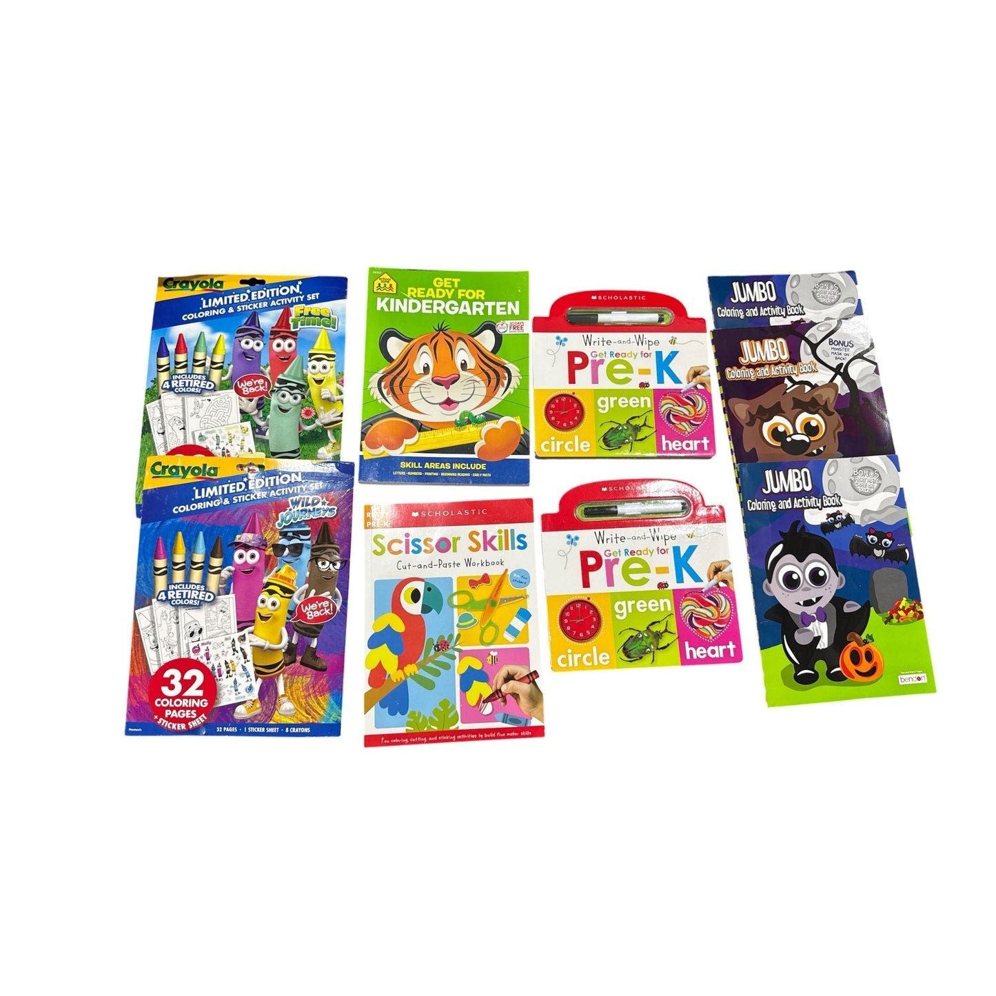 9 pcs. Mixed Kids Activity Books Set - Coloring Stickers Pre-K Learning & Scissor Skills - Includes Crayola Scholastic & Jumbo Books