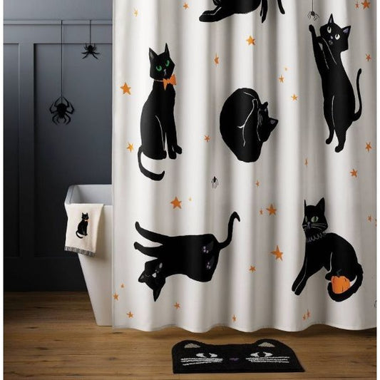 Hyde and EEK! Boutique - Halloween Black Cats Glow in the Dark Shower Curtain White 72x72
