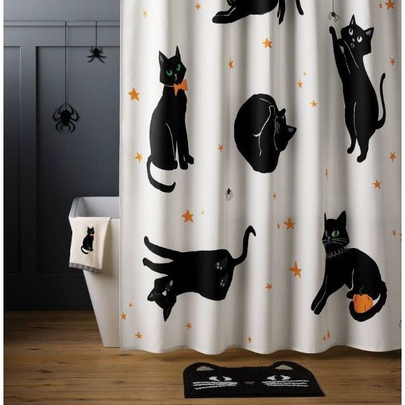 Hyde and EEK! Boutique - Halloween Black Cats Glow in the Dark Shower Curtain White 72x72