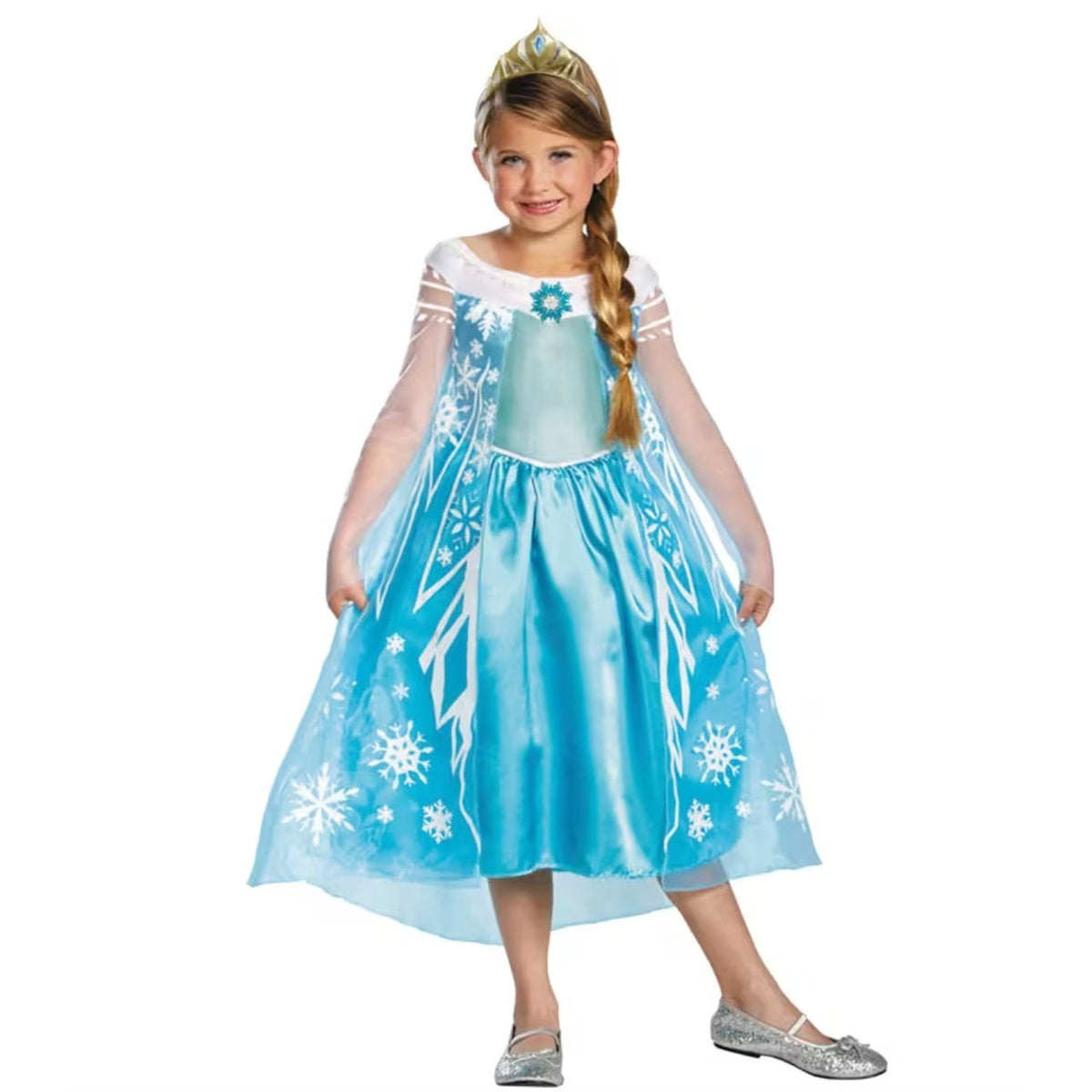 Disney Frozen Elsa Deluxe Child Costume With Tiara Sheer Sleeves & Sparkling Snowflake Details  Size 4-6X