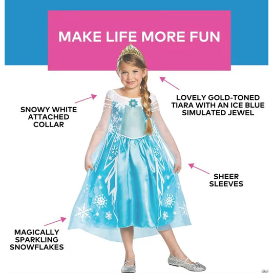 Disney Frozen Elsa Deluxe Child Costume With Tiara Sheer Sleeves & Sparkling Snowflake Details  Size 4-6X