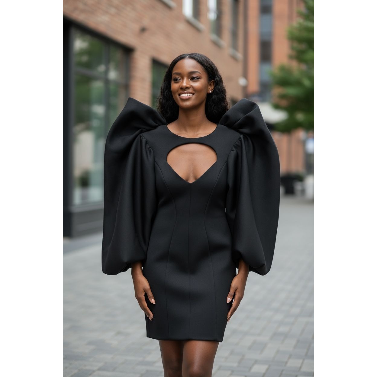 ASOS Black Puff Sleeve Mini Dress With Cutout Detail US 2