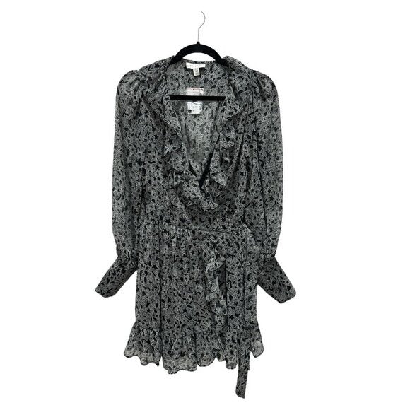 Floral Print Black Long Sleeve Mini Dress With Ruffle Detail & V-Neckline US 6